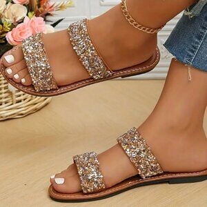Gold Glittering Summer Flat Sandals Women